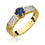 Sokköves kék zafír gyémánt sárga arany eljegyzési gyűrű 0,08 karát W-0075