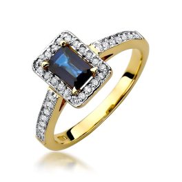 Sokköves kék zafír gyémánt sárga arany eljegyzési gyűrű 0,103 karát W-0616